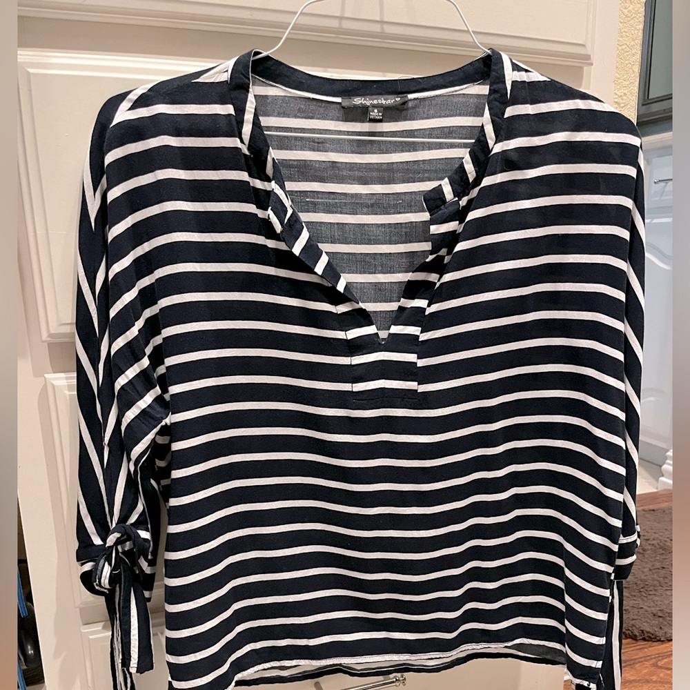 Navy/white striped nautical top, size small, tie sleeves. Super cute!!